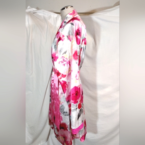2Pc:Rose Satin Robe+Slip: Floral Pinks & White, Satin+ Lace, Tie, Straps, M - Picture 7 of 16